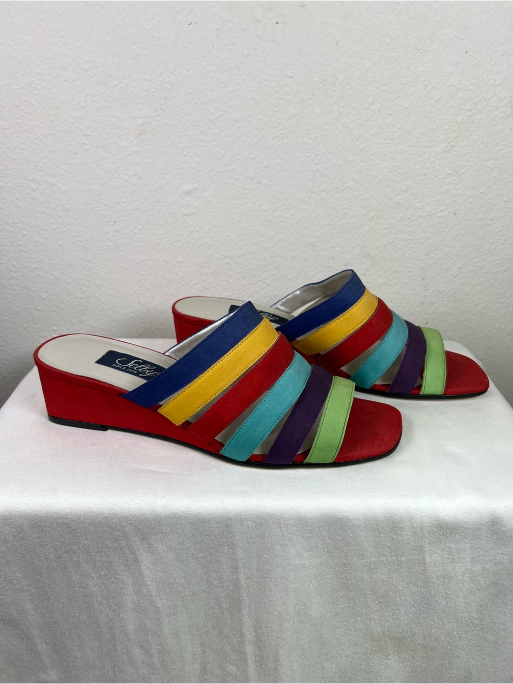 Vintage Selby Rainbow Colorblock Suede Slide Heeled Mules Size 8.5
